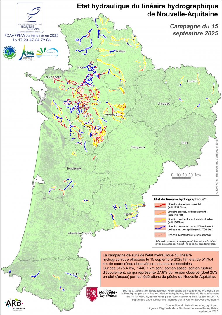 Etat hydraulique du linéaire hydrographique de la région Nouvelle-Aquitaine - Campagne du 15 septembre 2025
