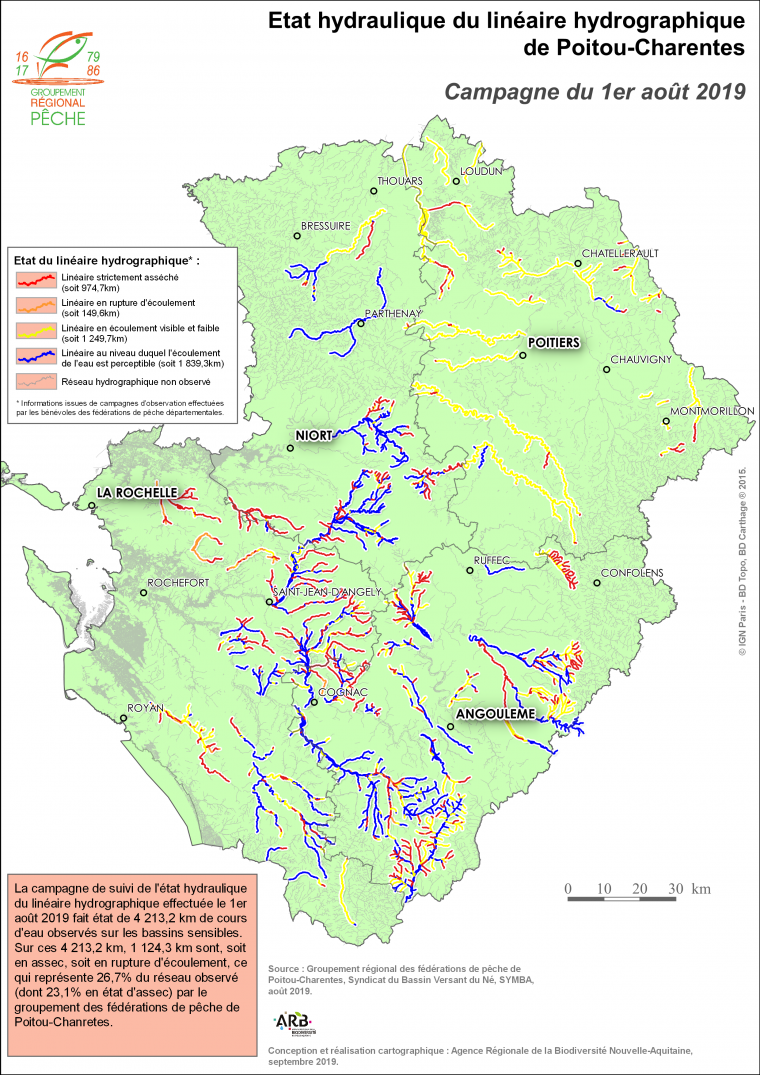 Etat hydraulique du linéaire hydrographique du Poitou-Charentes - Campagne du 1er août 2019