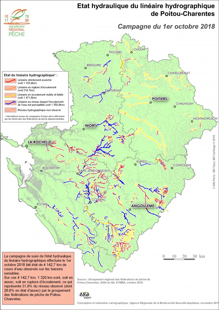 Etat hydraulique du linéaire hydrographique du Poitou-Charentes - Campagne du 1er octobre 2018