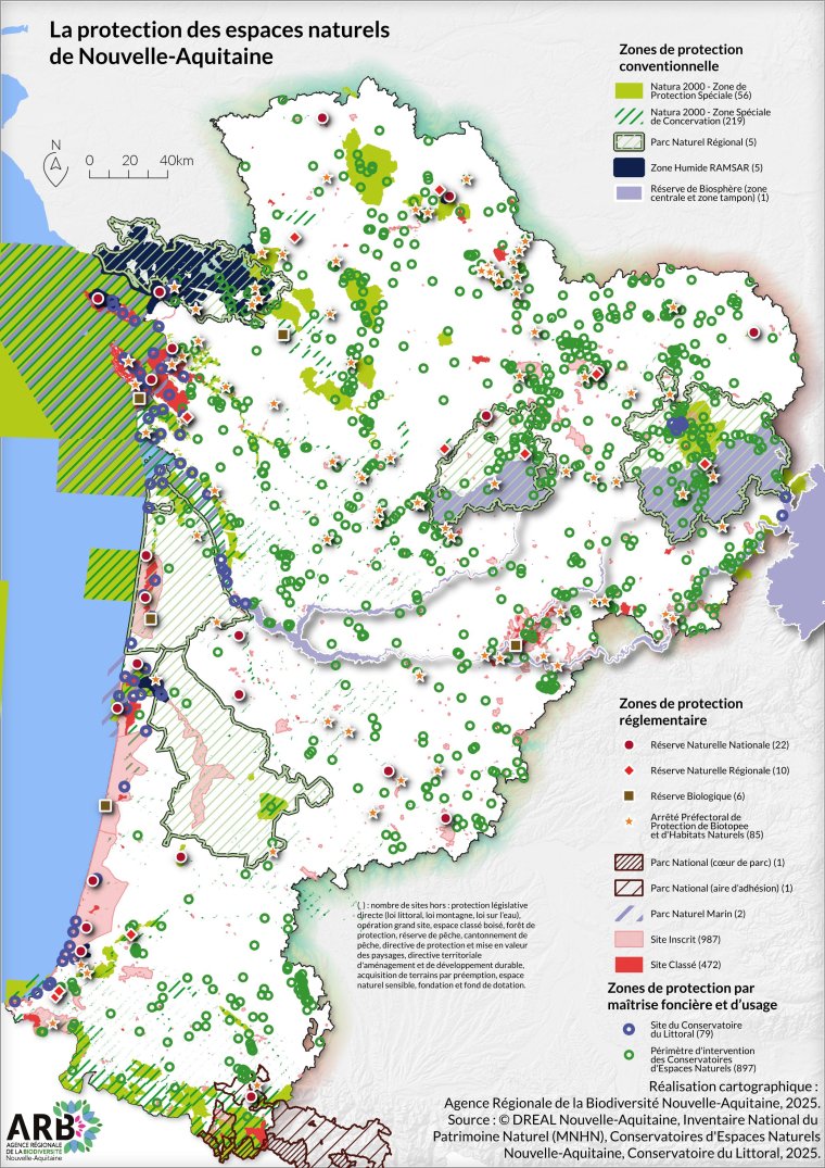 Les zones de protection du espaces naturels en Nouvelle-Aquitaine en 2025