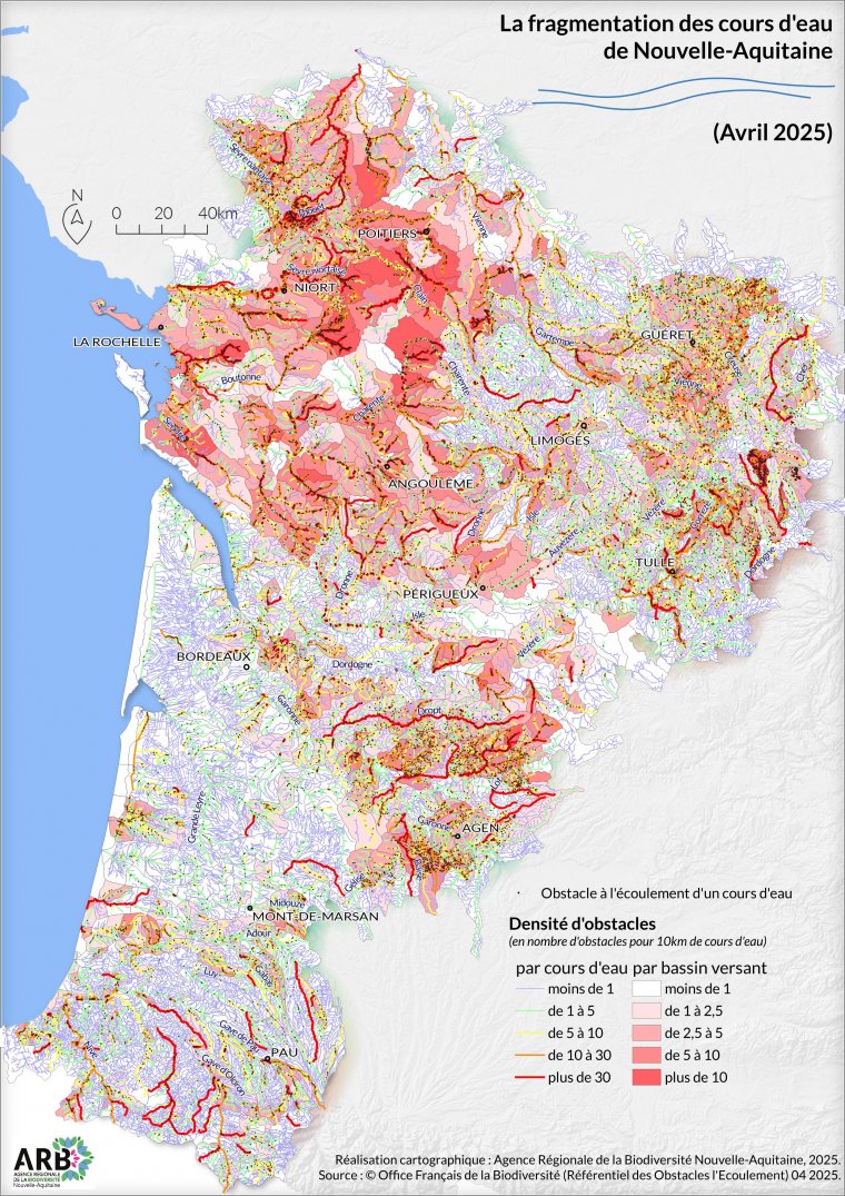 La fragmentation des cours d'eau de Nouvelle-Aqutiaine en 2025