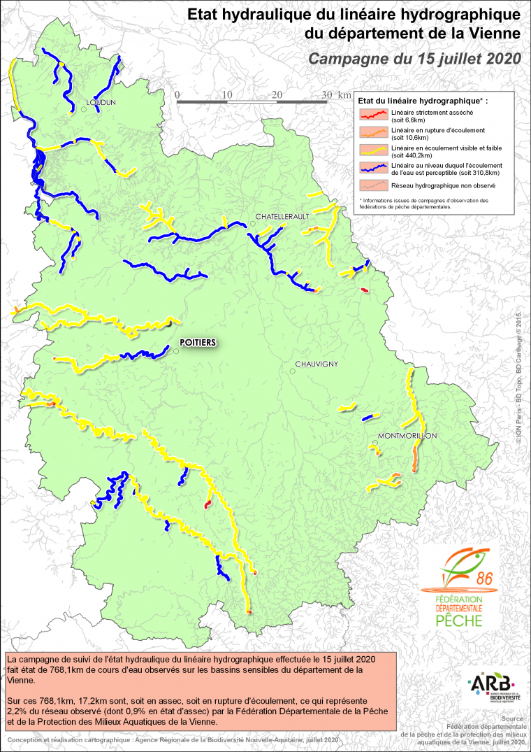 Etat hydraulique du linéaire hydrographique du département de la Vienne - Campagne du 15 juillet 2020