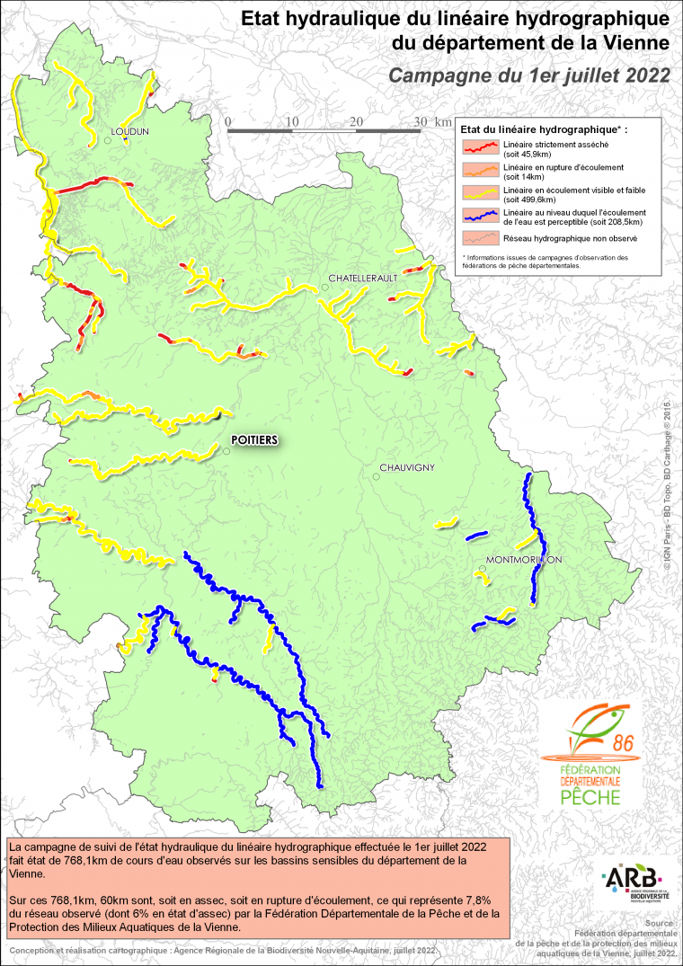 Etat hydraulique du linéaire hydrographique du département de la Vienne - Campagne du 1er juillet 2022