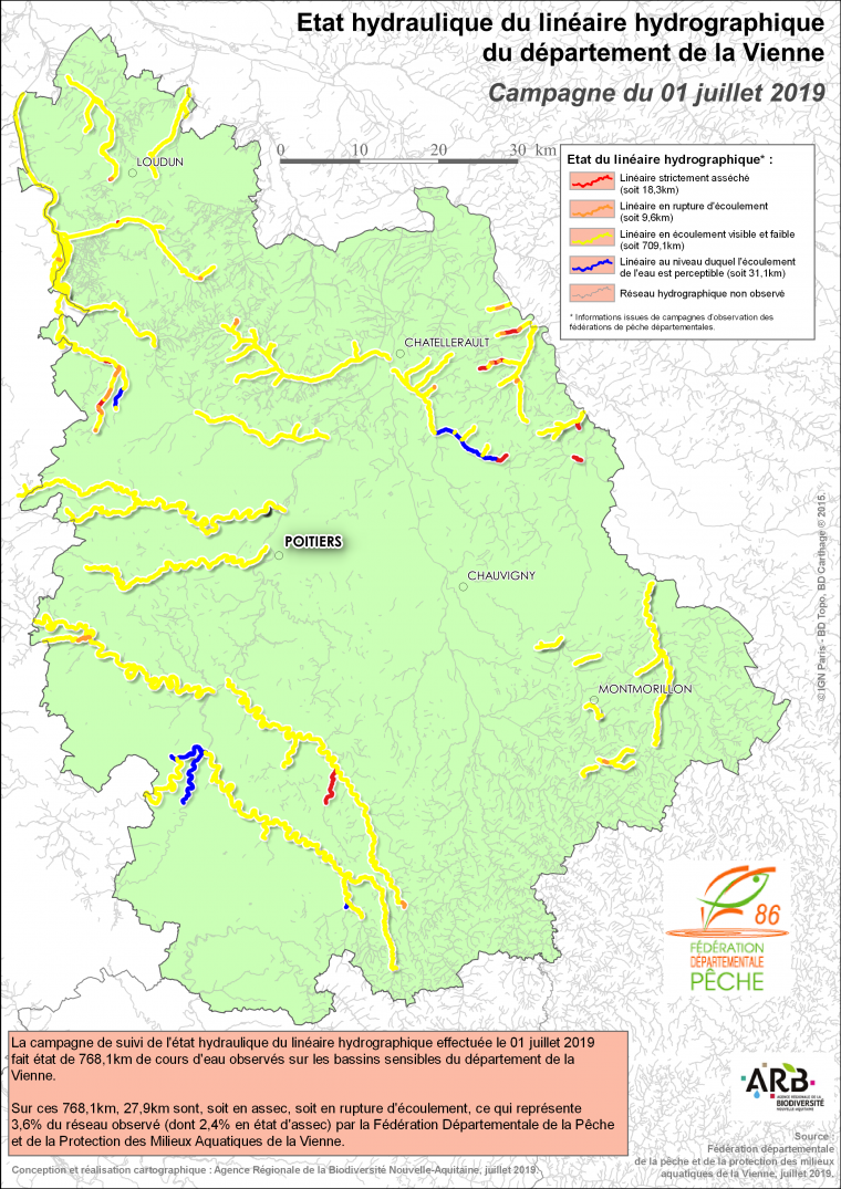 Etat hydraulique du linéaire hydrographique du département de la Vienne - Campagne du 1er juillet 2019