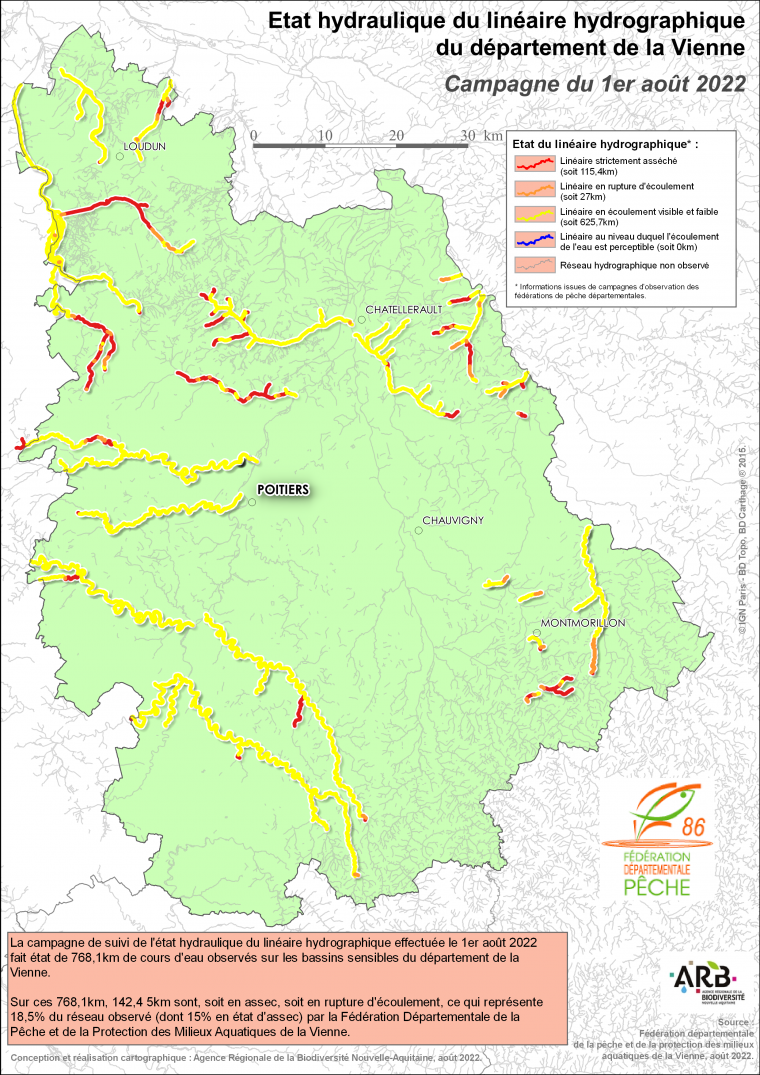 Etat hydraulique du linéaire hydrographique du département de la Vienne - Campagne du 1er août 2022