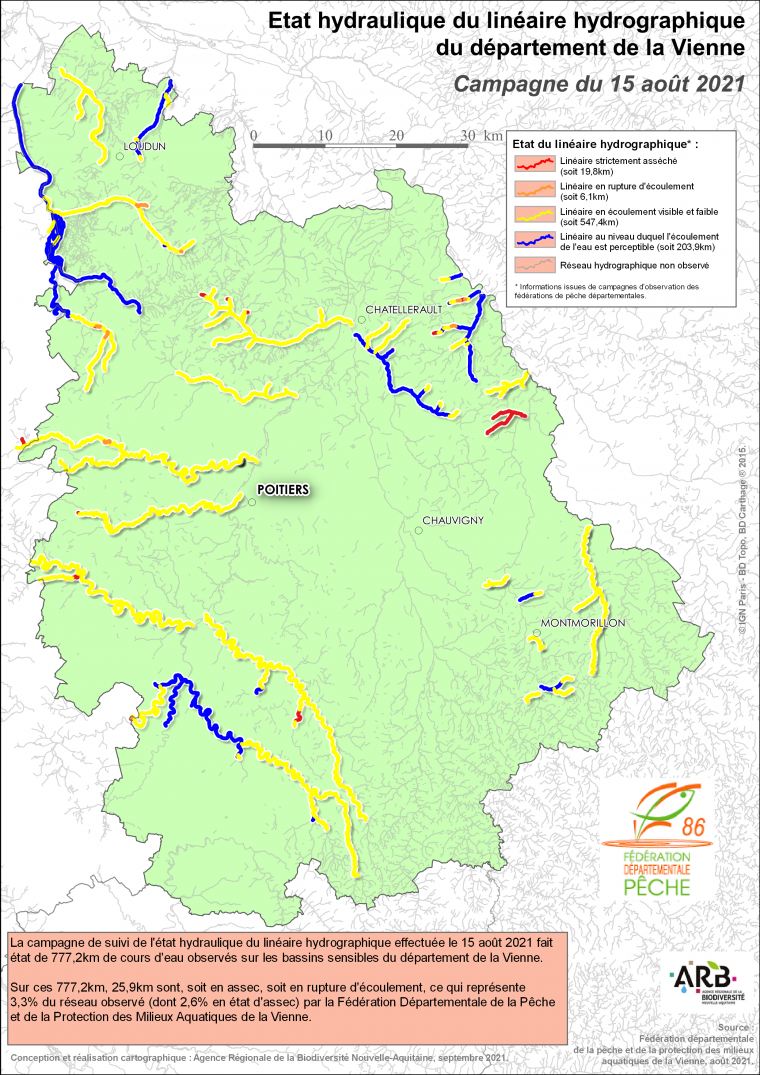 Etat hydraulique du linéaire hydrographique du département de la Vienne - Campagne du 15 août 2021