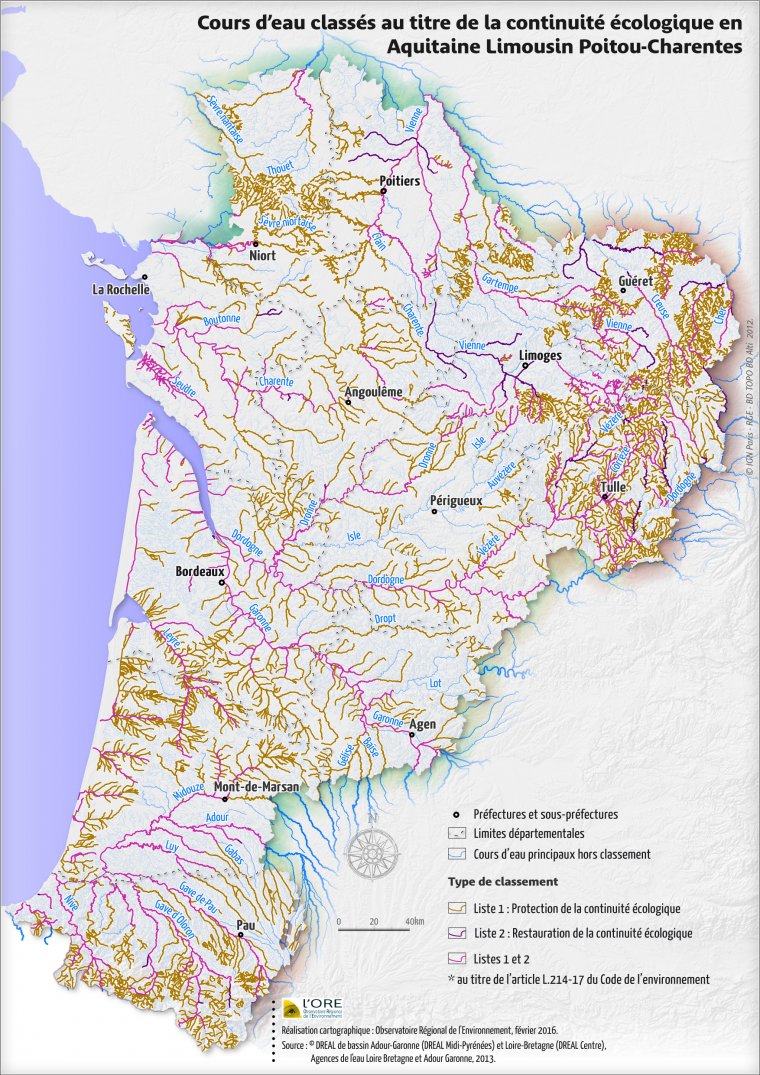 Les cours d'eau classés au titre de la continuité écologique en Aquitaine Limousin Poitou-Charentes