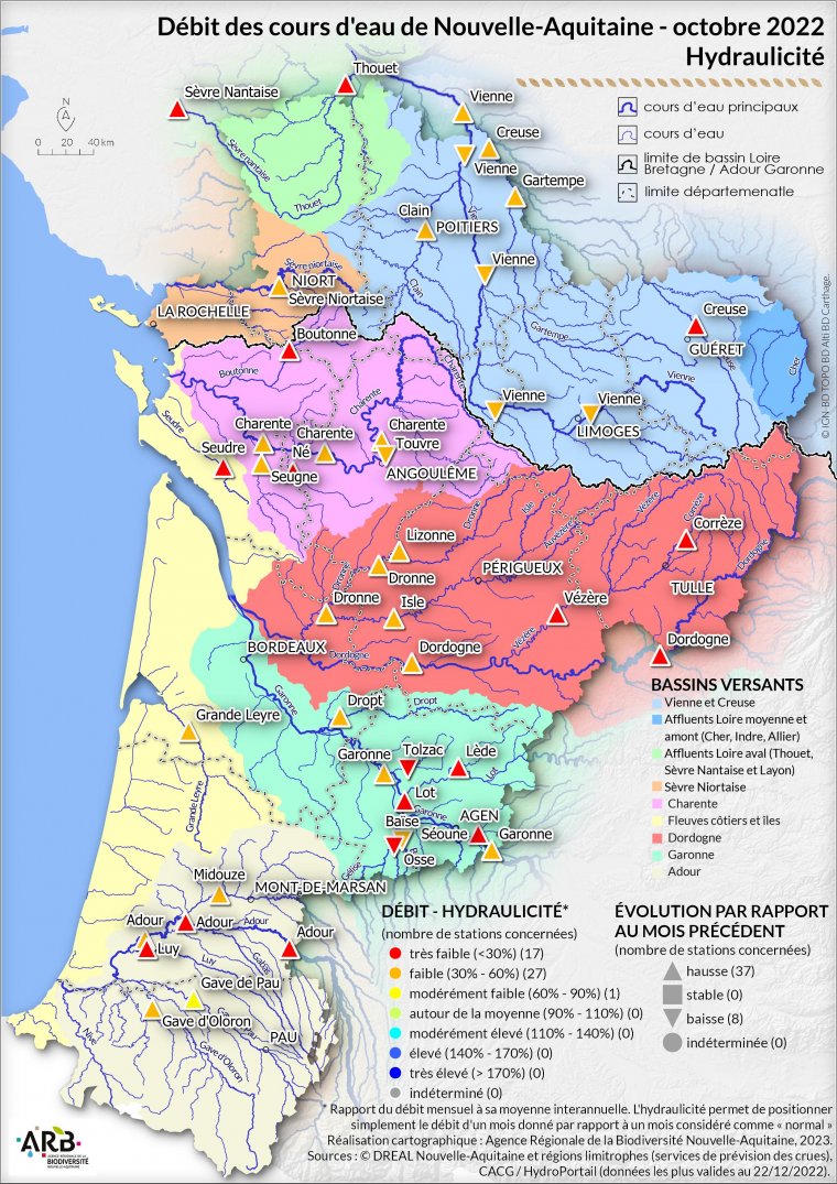 Débit des cours d'eau de Nouvelle-Aquitaine - octobre 2022 - Hydraulicité