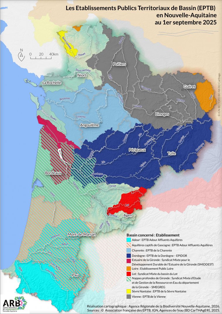 Les Etablissements Publics Territoriaux de Bassin (EPTB) en Nouvelle-Aquitaine en 2025