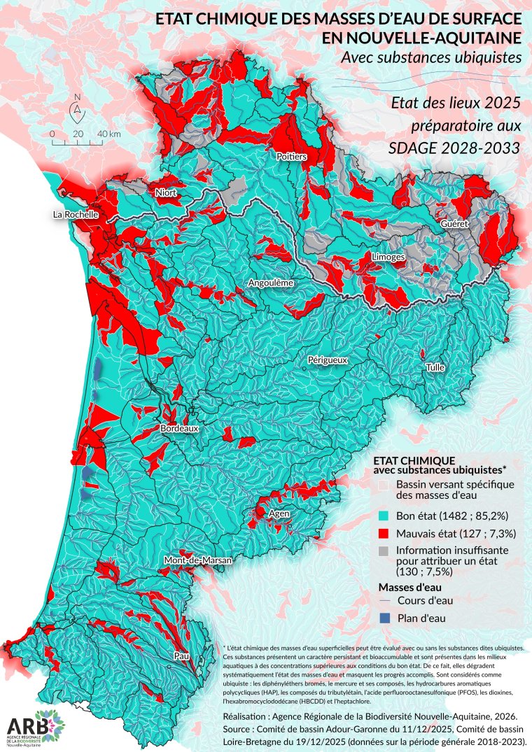 Etat chimique (avec ubiquistes) des masses d'eau de surface en Nouvelle-Aquitaine - Etats des lieux 2025 préparatoires aux SDAGE 2028-2033