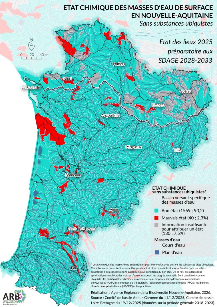 Etat chimique (sans ubiquistes) des masses d'eau de surface en Nouvelle-Aquitaine - Etats des lieux 2025 préparatoires aux SDAGE 2028-2033