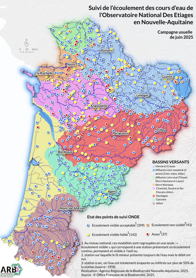 Suivi de l'écoulement des cours d'eau de l'Observatoire National Des Étiages (ONDE) en Nouvelle-Aquitaine - Campagne usuelle de juin 2025