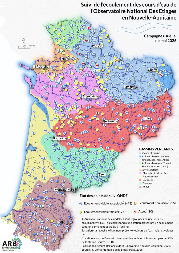 Suivi de l'écoulement des cours d'eau de l'Observatoire National Des Étiages (ONDE) en Nouvelle-Aquitaine - Campagne usuelle de fin mai 2026
