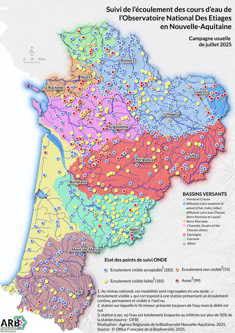 Suivi de l'écoulement des cours d'eau de l'Observatoire National Des Étiages (ONDE) en Nouvelle-Aquitaine - Campagne usuelle de juillet 2025