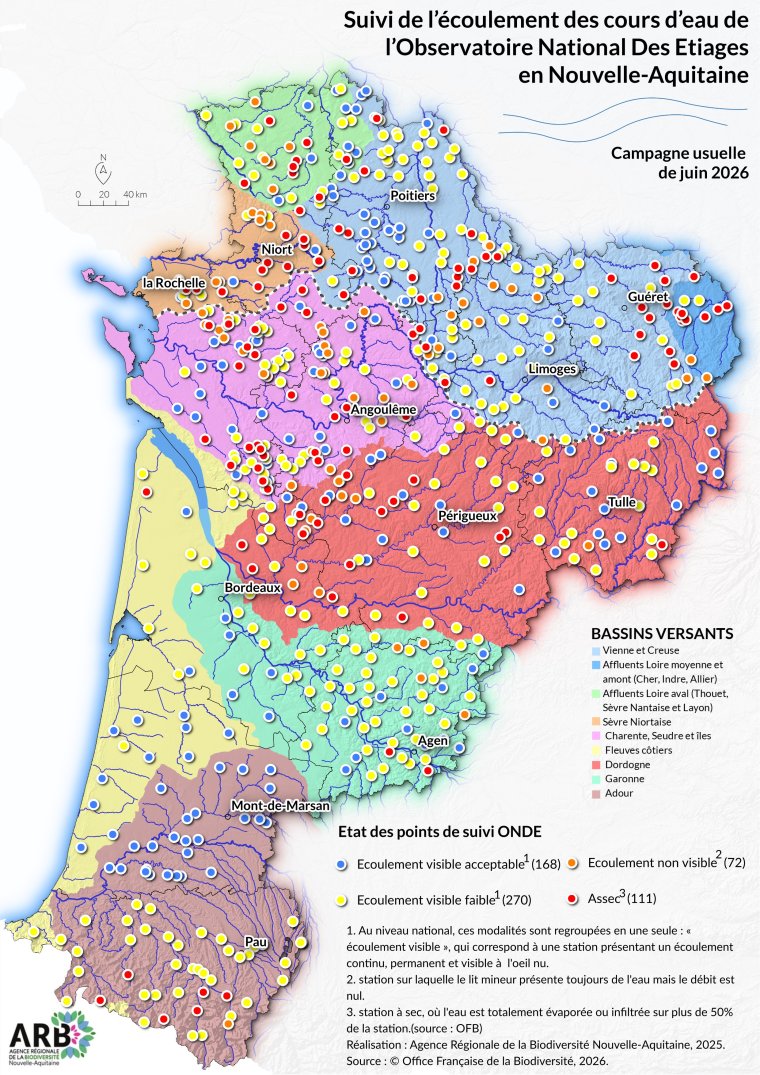 Suivi de l'écoulement des cours d'eau de l'Observatoire National Des Étiages (ONDE) en Nouvelle-Aquitaine - Campagne usuelle de fin juin 2026