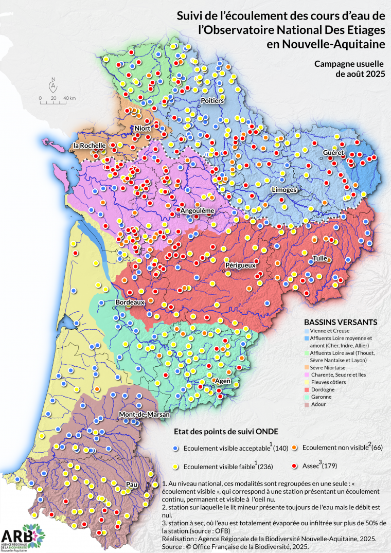 Suivi de l'écoulement des cours d'eau de l'Observatoire National Des Étiages (ONDE) en Nouvelle-Aquitaine - Campagne usuelle de août 2025