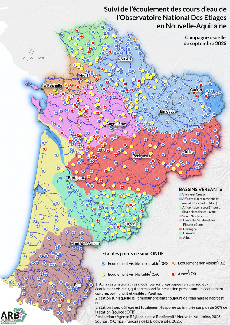 Suivi de l'écoulement des cours d'eau de l'Observatoire National Des Étiages (ONDE) en Nouvelle-Aquitaine - Campagne usuelle de septembre 2025