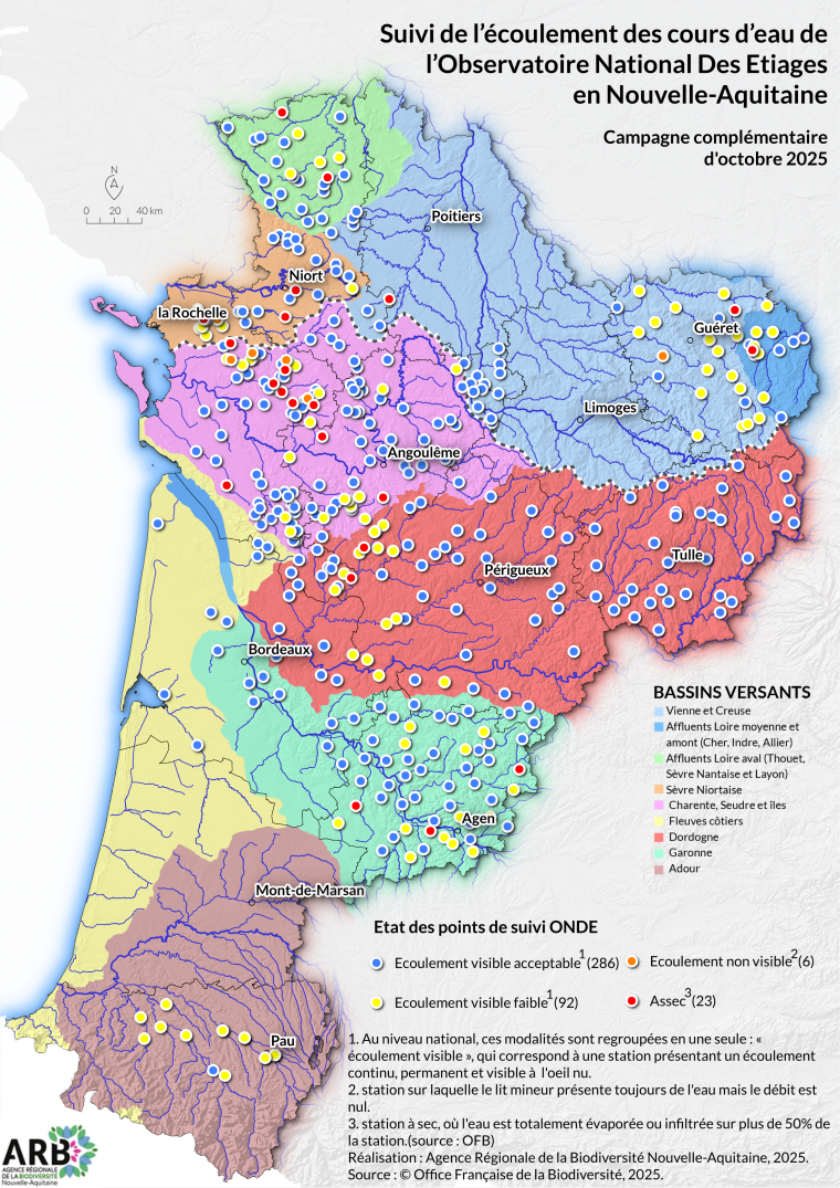 Suivi de l'écoulement des cours d'eau de l'Observatoire National Des Étiages (ONDE) en Nouvelle-Aquitaine - Campagne complémentaire d'octobre 2025