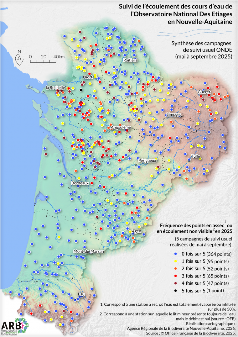 Observatoire National des Etiages - Synthèse des campagnes usuelles de suivi de l'écoulement des cours d'eau en Nouvelle-Aquitaine de 2025