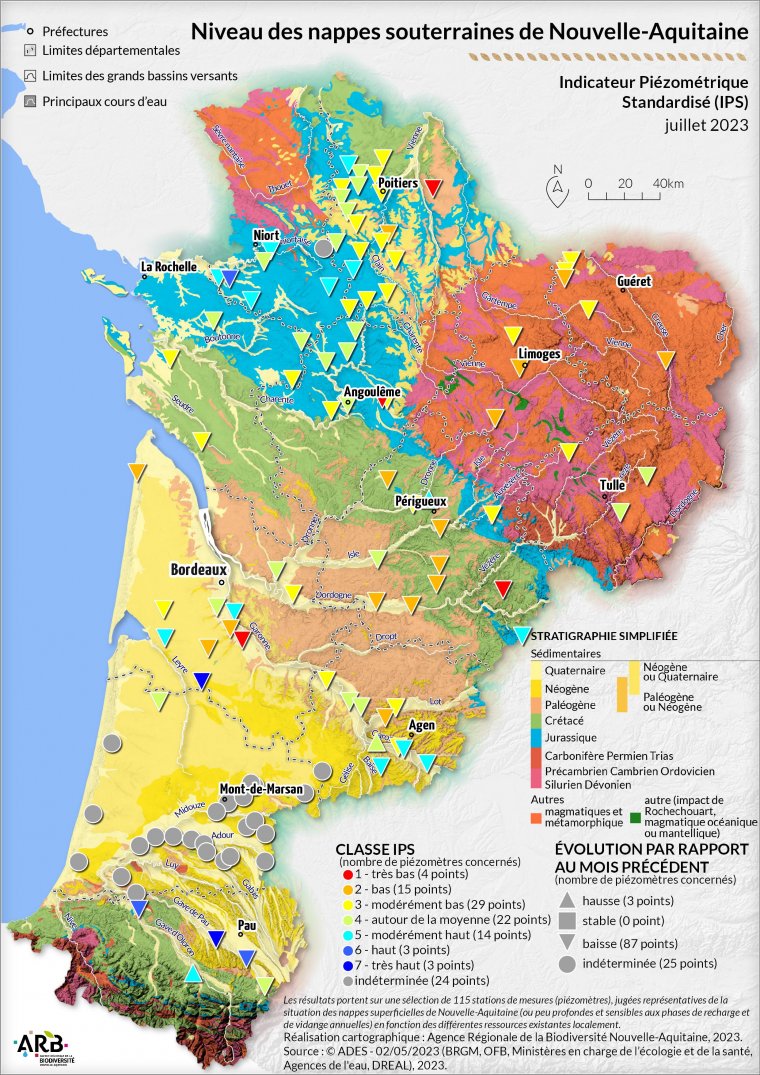 Niveau des nappes souterraines de Nouvelle-Aquitaine - juillet 2023 (Indicateur piézométrique standardisé (IPS))