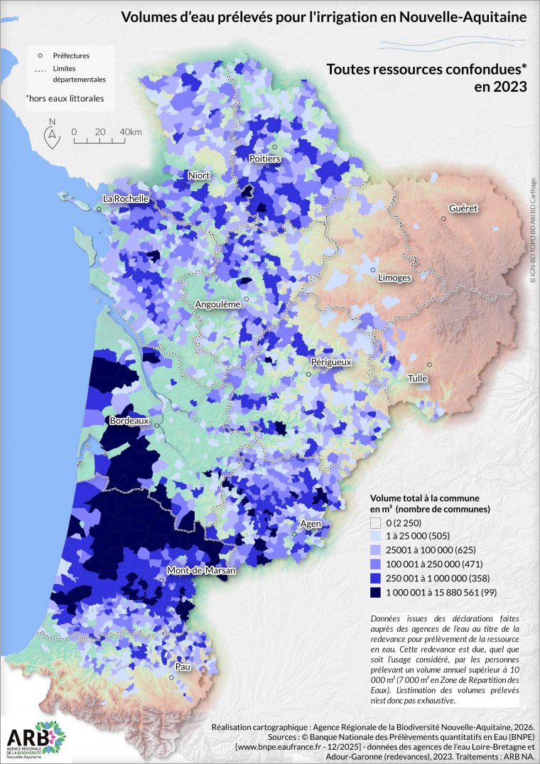 Volumes d'eau prélevés pour l'irrigation, toutes ressources confondues en Nouvelle-Aquitaine - année 2023