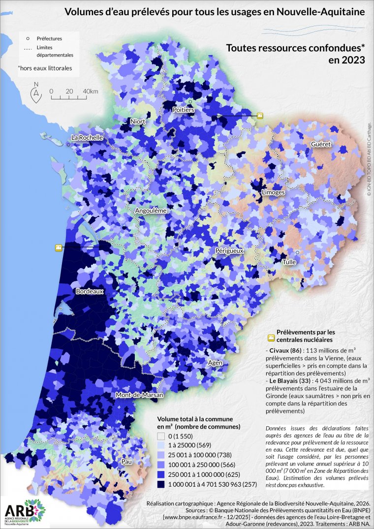 Volumes d'eau prélevés pour tous les usages, toutes ressources confondues en Nouvelle-Aquitaine - année 2023