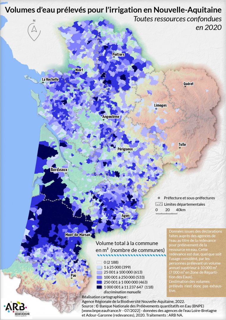 Volumes d'eau prélevés pour l'irrigation, toutes ressources confondues en Nouvelle-Aquitaine - année 2020