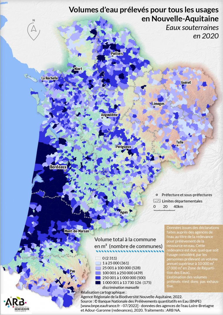Volumes d'eau prélevés pour tous les usages, eaux souterraines en Nouvelle-Aquitaine - année 2020