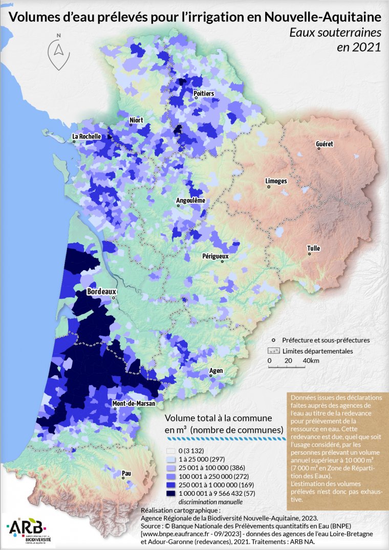 Volumes d'eau prélevés pour l'irrigation, eaux souterraines en Nouvelle-Aquitaine - année 2021