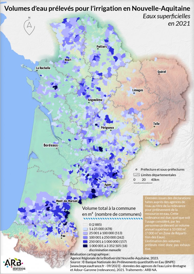 Volumes d'eau prélevés pour l'irrigation, eaux superficielles en Nouvelle-Aquitaine - année 2021