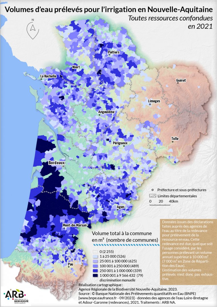 Volumes d'eau prélevés pour l'irrigation, toutes ressources confondues en Nouvelle-Aquitaine - année 2021