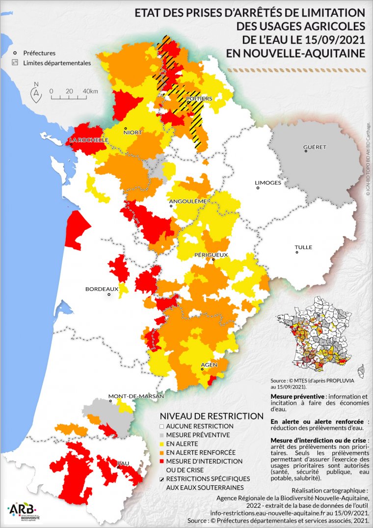 Etat des prises d'arrêtés de limitation des usages agricoles de l'eau le 15/09/2021 en Nouvelle-Aquitaine