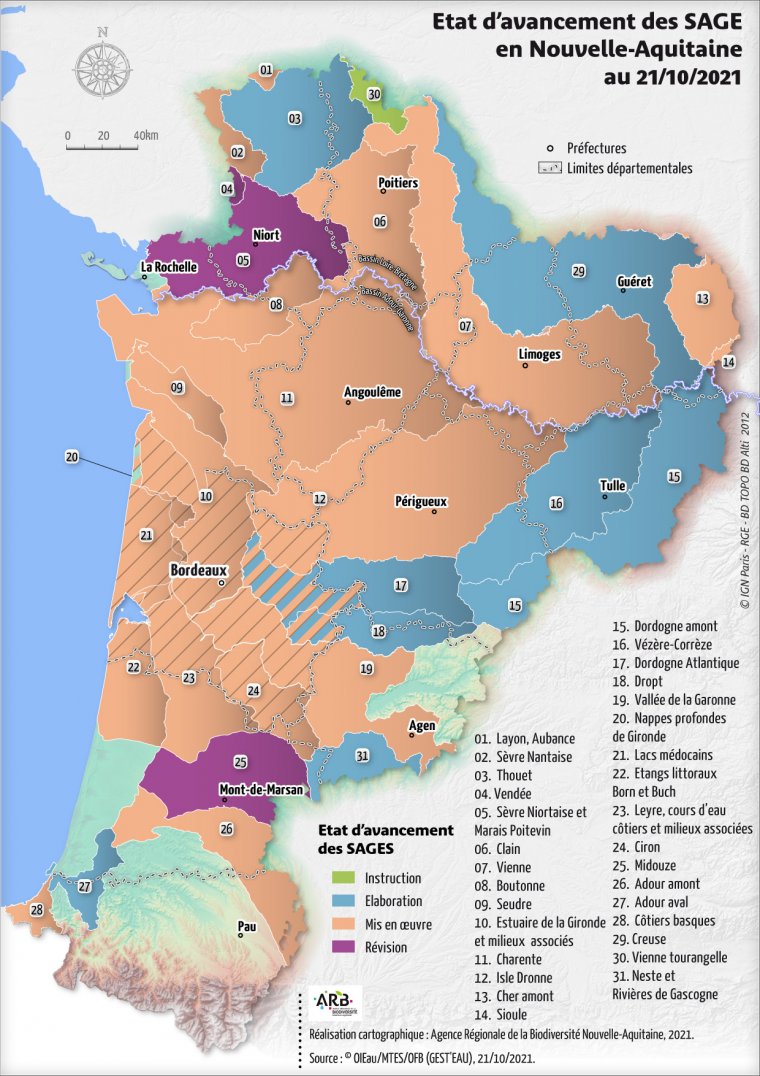 Etat d'avancement des SAGE de la région Nouvelle-Aquitaine en octobre 2021