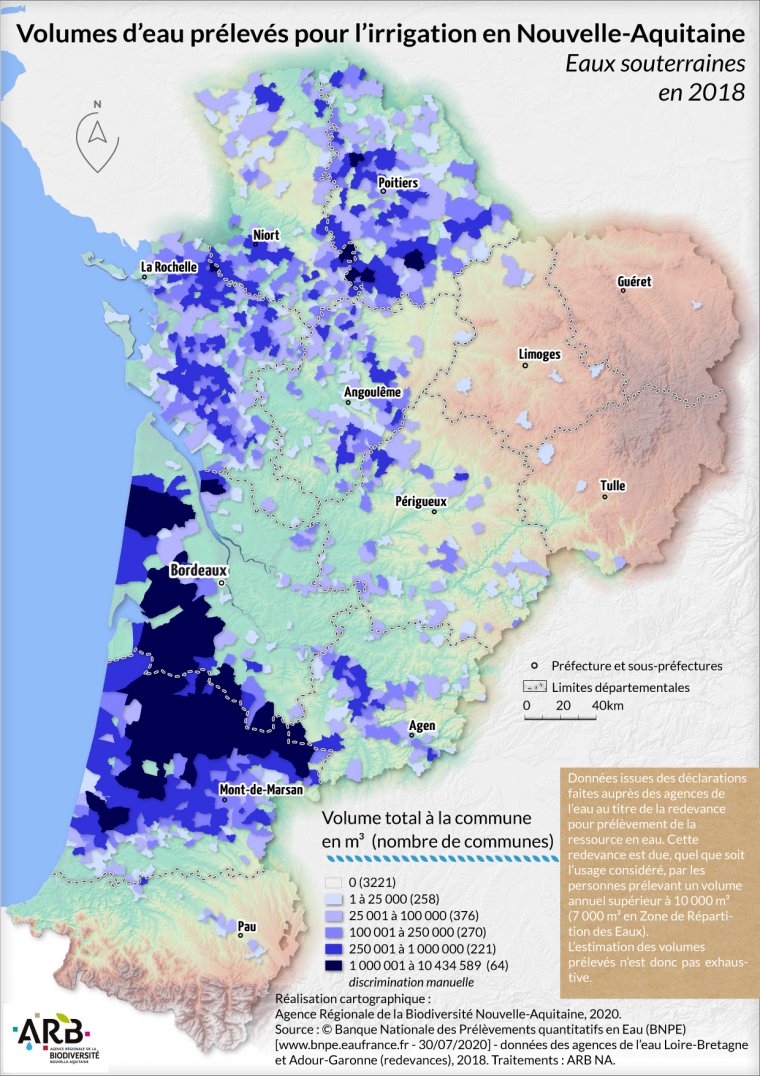 Volumes d'eau prélevés pour l'irrigation, eaux souterraines en Nouvelle-Aquitaine - année 2018