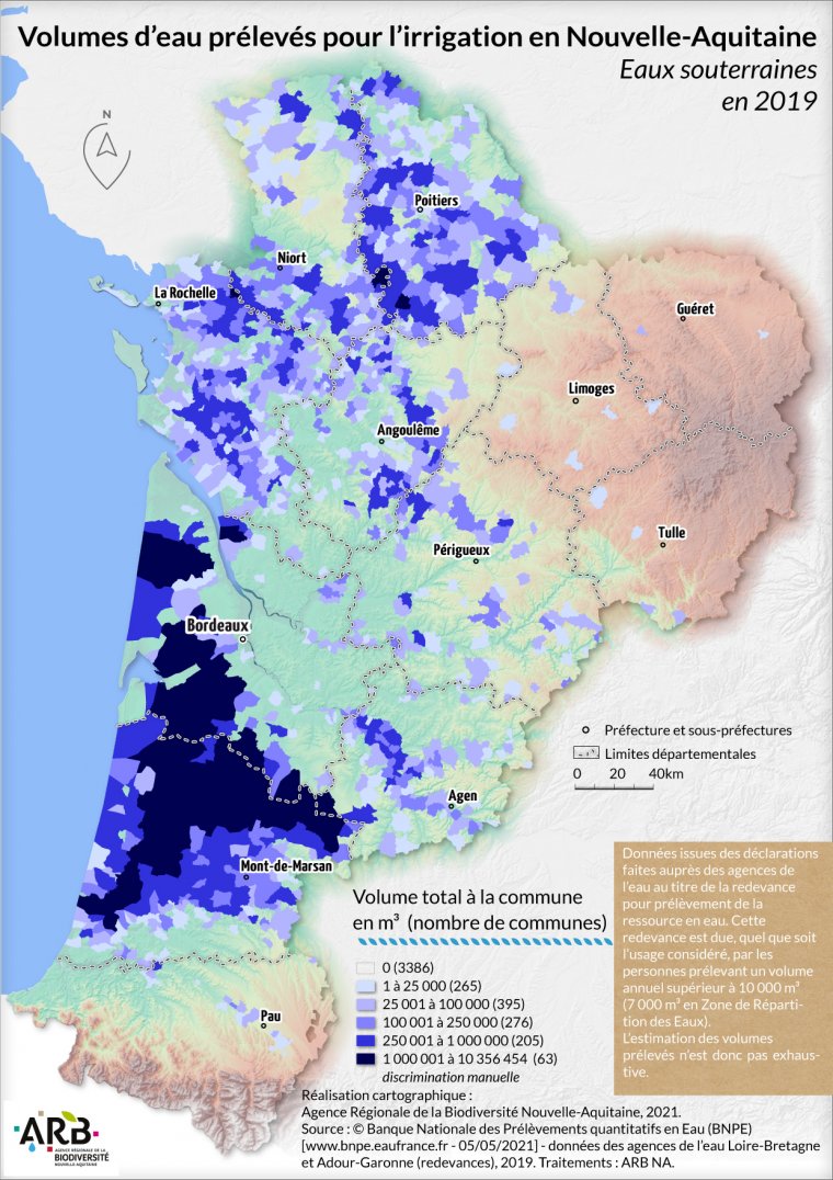 Volumes d'eau prélevés pour l'irrigation, eaux souterraines en Nouvelle-Aquitaine - année 2019