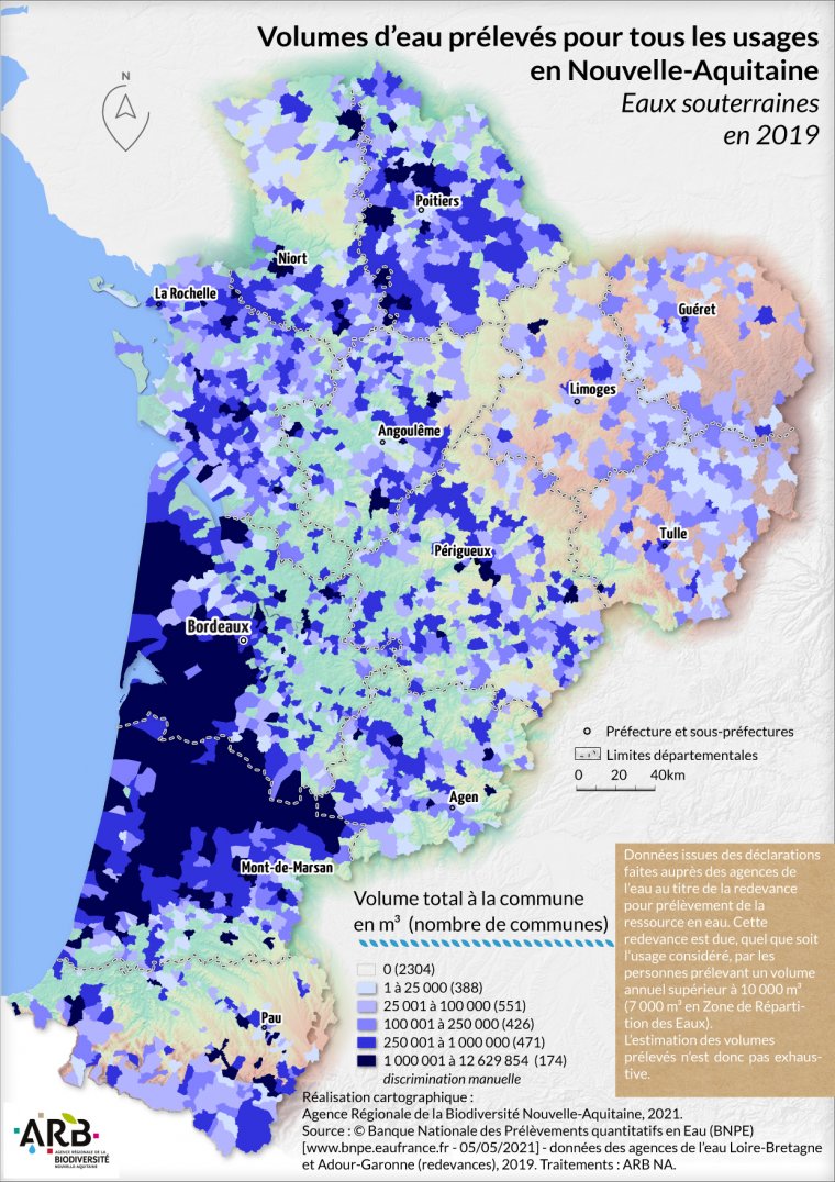 Volumes d'eau prélevés pour tous les usages, eaux souterraines en Nouvelle-Aquitaine - année 2019