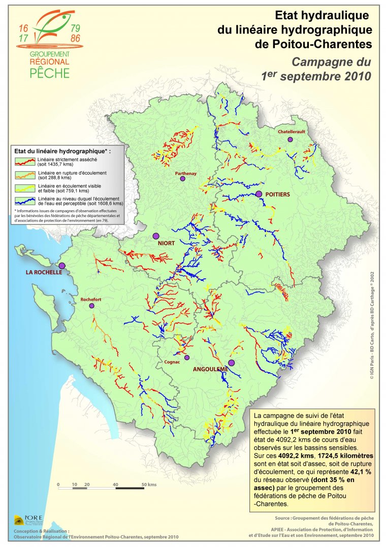 Etat hydraulique du linéaire hydrographique de la région Poitou-Charentes - Campagne du 1er septembre 2010