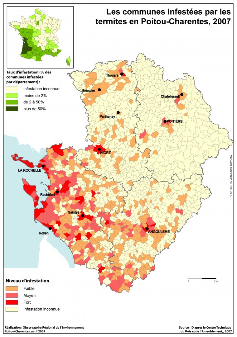 Les communes de Poitou-Charentes infestées par les termites en 2007