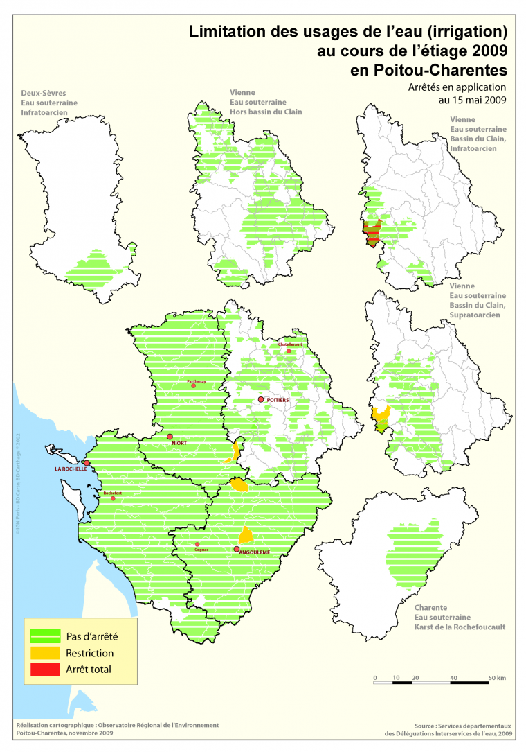 Limitation des usages de l'eau (irrigation) au cours de l'étiage 2009 en Poitou-Charentes - Arrêtés en application au 15 mai 2009