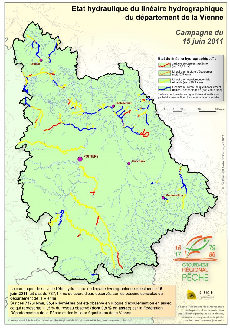 Etat hydraulique du linéaire hydrographique du département de la Vienne - Campagne du 15 juin 2011