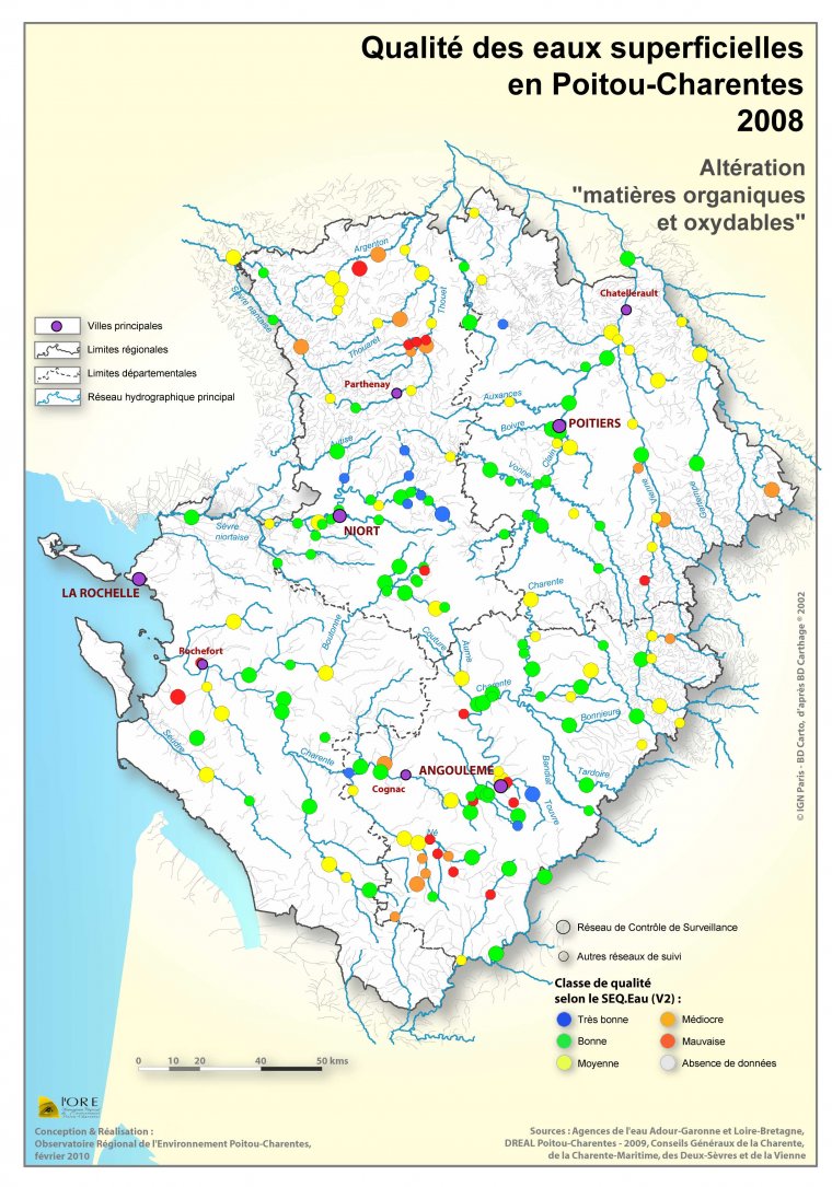 Qualité des eaux superficielles en Poitou-Charentes en 2008 - Altération "Matières organiques oxydables"
