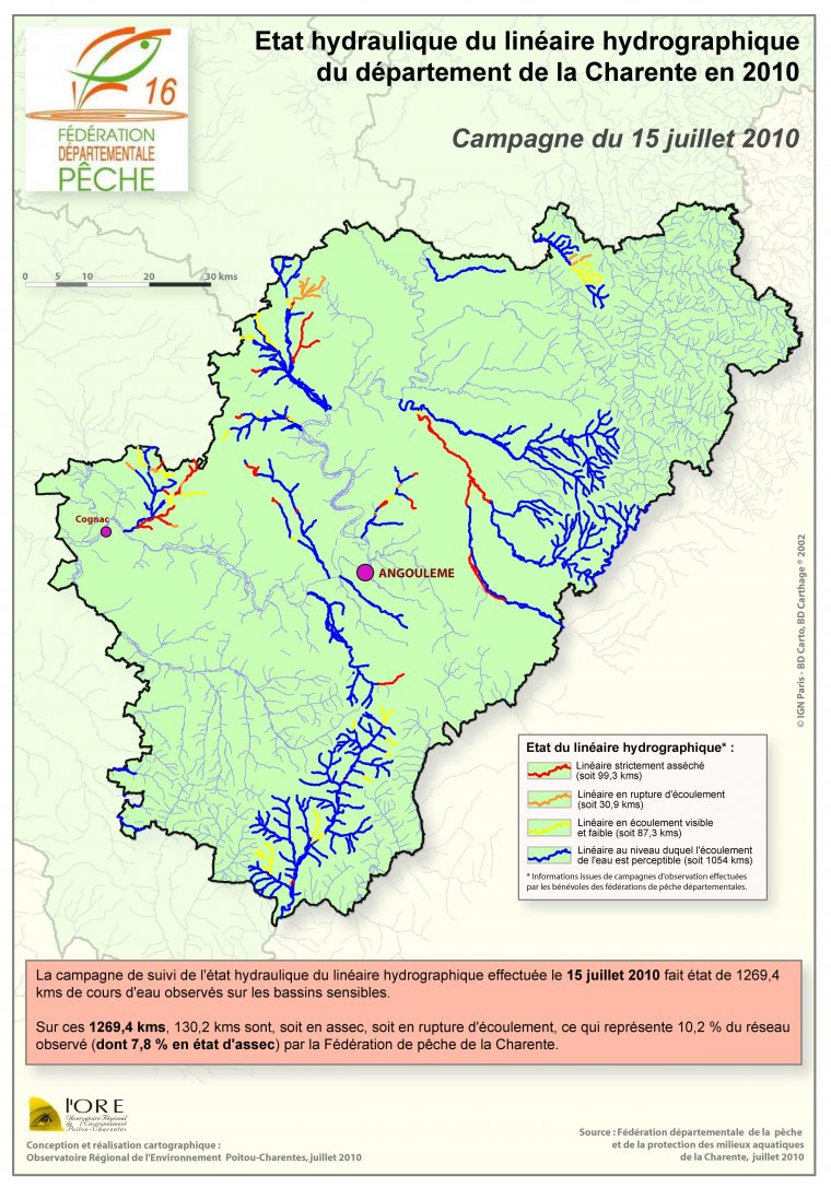 Etat hydraulique du linéaire hydrographique du département de la Charente - Campagne du 15 juillet 2010