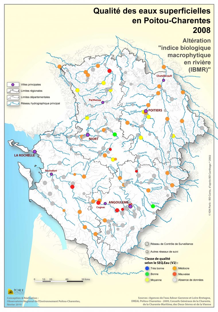Qualité des eaux superficielles en Poitou-Charentes en 2008 - Altération "Indice biologique macrophytique en rivière"