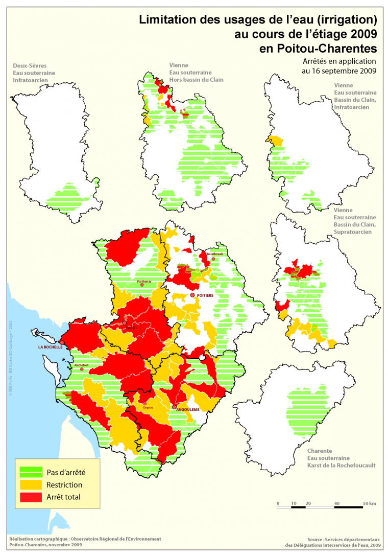 Limitation des usages de l'eau (irrigation) au cours de l'étiage 2009 en Poitou-Charentes - Arrêtés en application au 16 septembre 2009