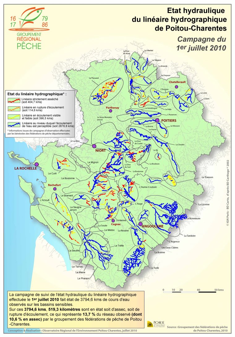 Etat hydraulique du linéaire hydrographique du département de Poitou-Charentes - Campagne du 1er juillet 2010