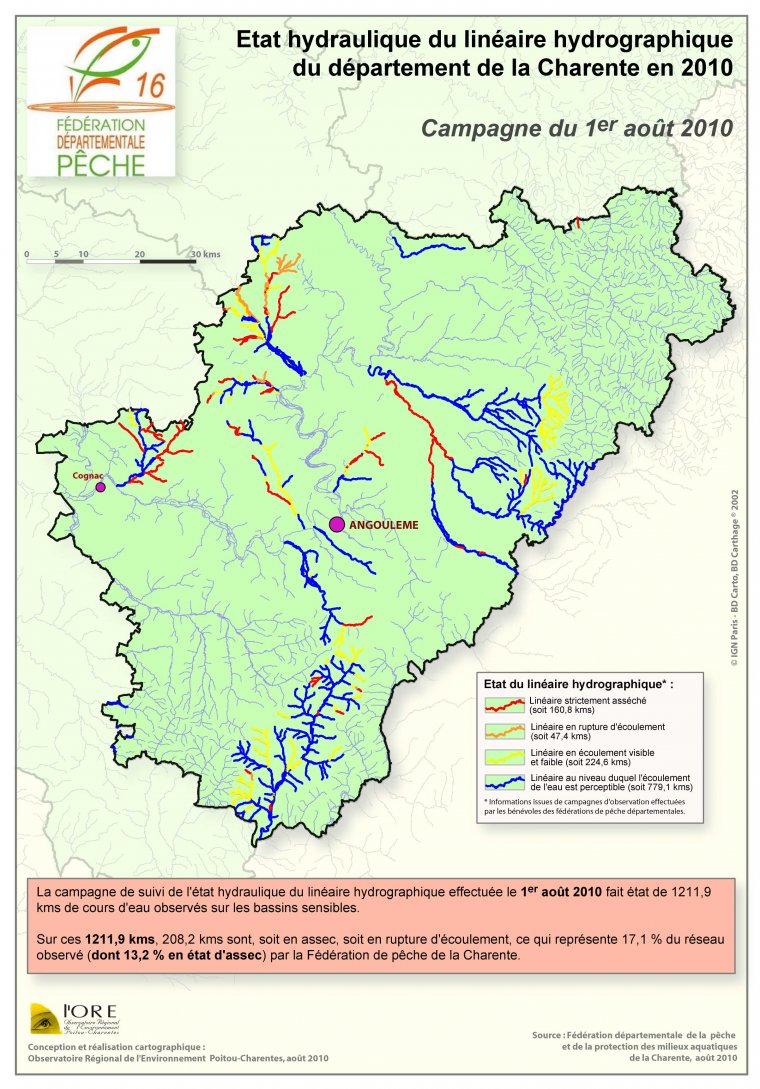 Etat hydraulique du linéaire hydrographique du département de la Charente - Campagne du 1er aout 2010