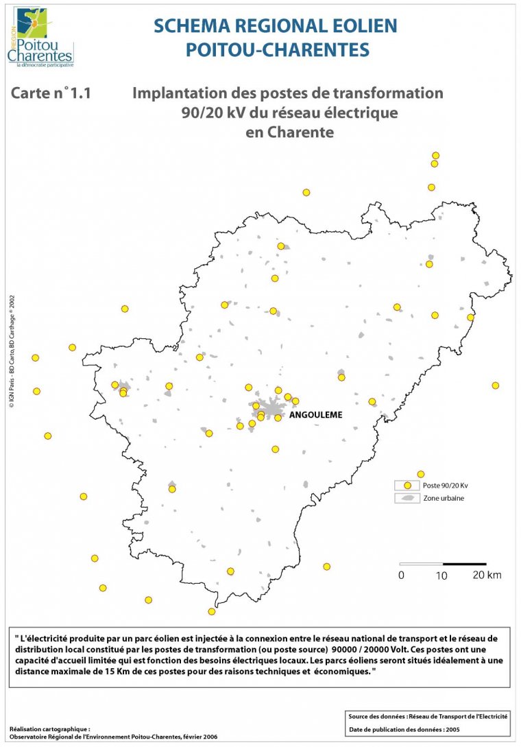 Implantation des postes de transformation 90/20kV du réseau électrique en Charente