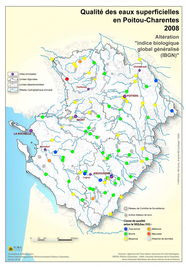 Qualité des eaux superficielles en Poitou-Charentes en 2008- Altération "Indice biologique global généralisé"