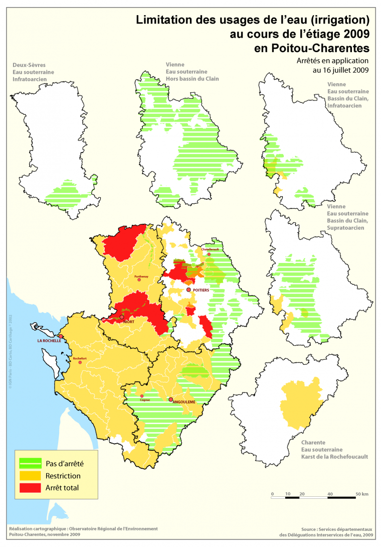 Limitation des usages de l'eau (irrigation) au cours de l'étiage 2009 en Poitou-Charentes - Arrêtés en application au 16 juillet 2009