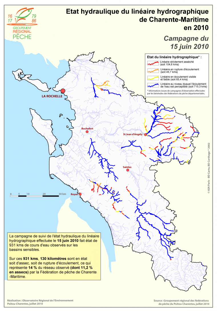 Etat hydraulique du linéaire hydrographique du département de la Charente-Maritime en 2010 - Campagne du 15 juin 2010